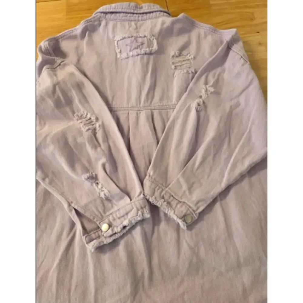 POL Lavender Distressed Denim Shacket Small Frayed Hem Button Front Boho